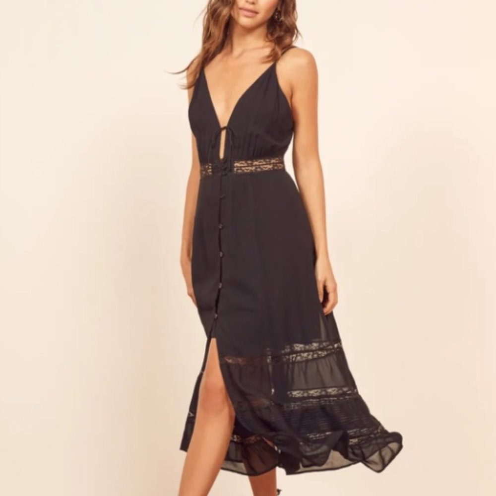 Reformation Shelley Lace Inlay Black Midi Dress